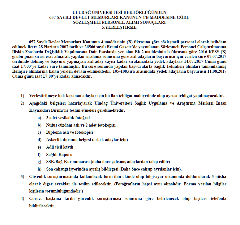 4/B Sözleşmeli Personel Alımı 5. Yerleştirme